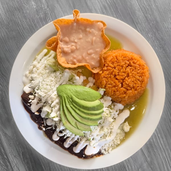 Mexican dish with enchiladas, rice, refried beans in a tortilla bowl, and sliced avocado.