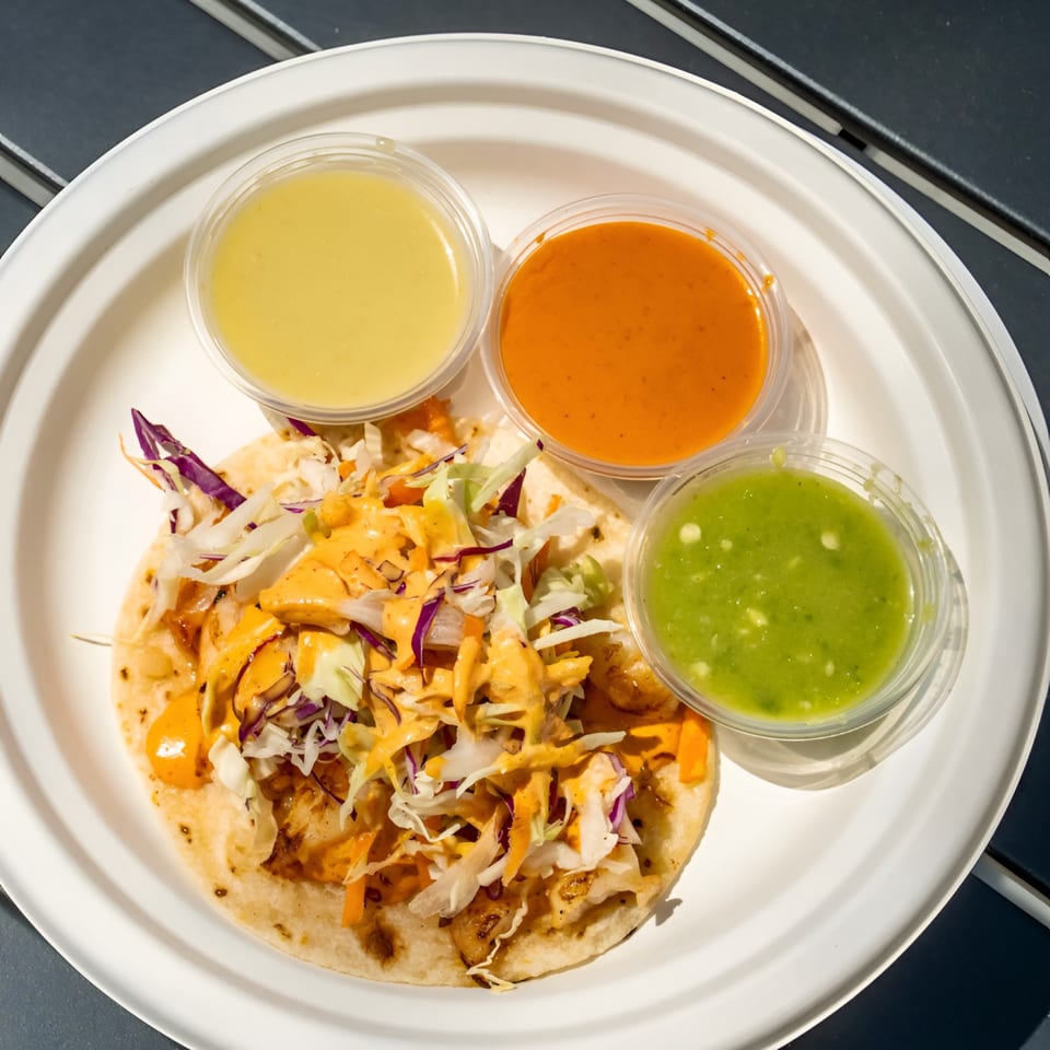 Taqueria Cuernavaca taco with cabbage, sauce, and three sides of salsa on a white plate.