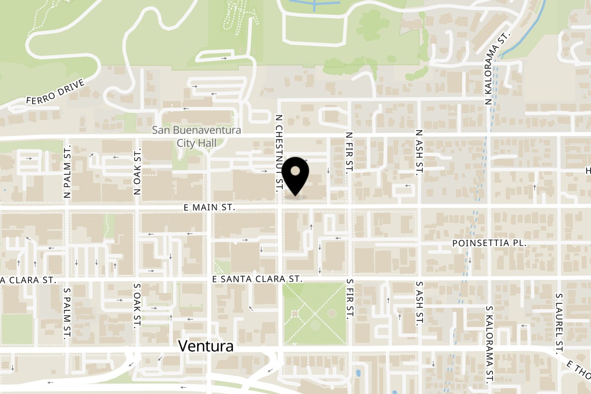 Map showing the location of Taqueria Cuernavaca Main Street on 607 East Main Street in Ventura