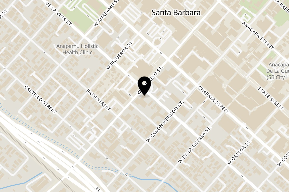 Map showing the location of Taqueria Cuernavaca Santa Barbara on 201 West Carrillo Street in Santa Barbara